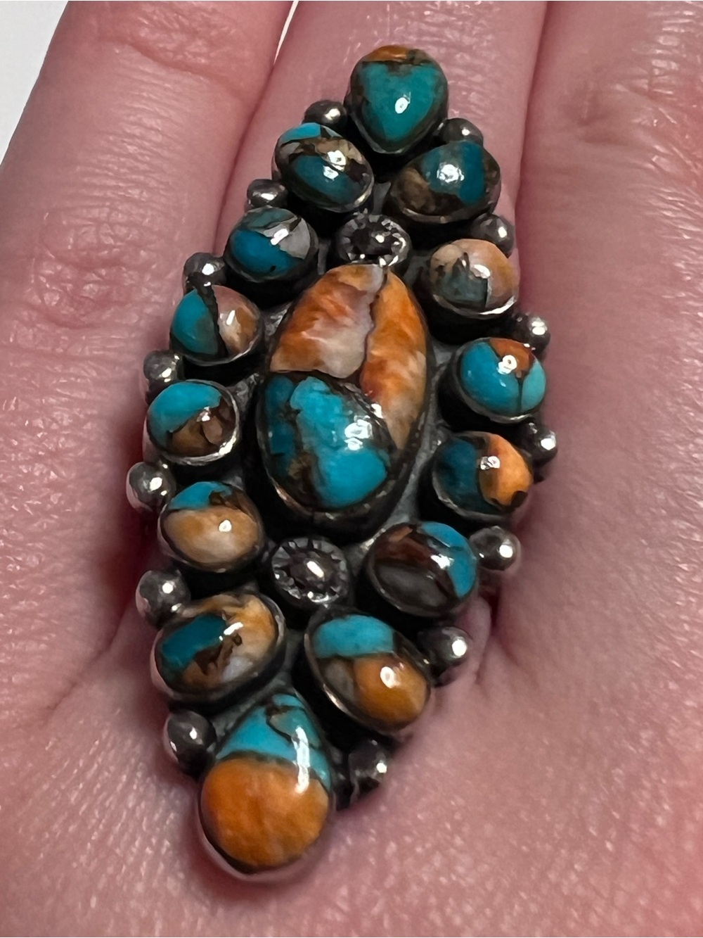 925 Sterling Silver Multi-Stone Turquoise Cluster Ring Southwestern Style Size 6